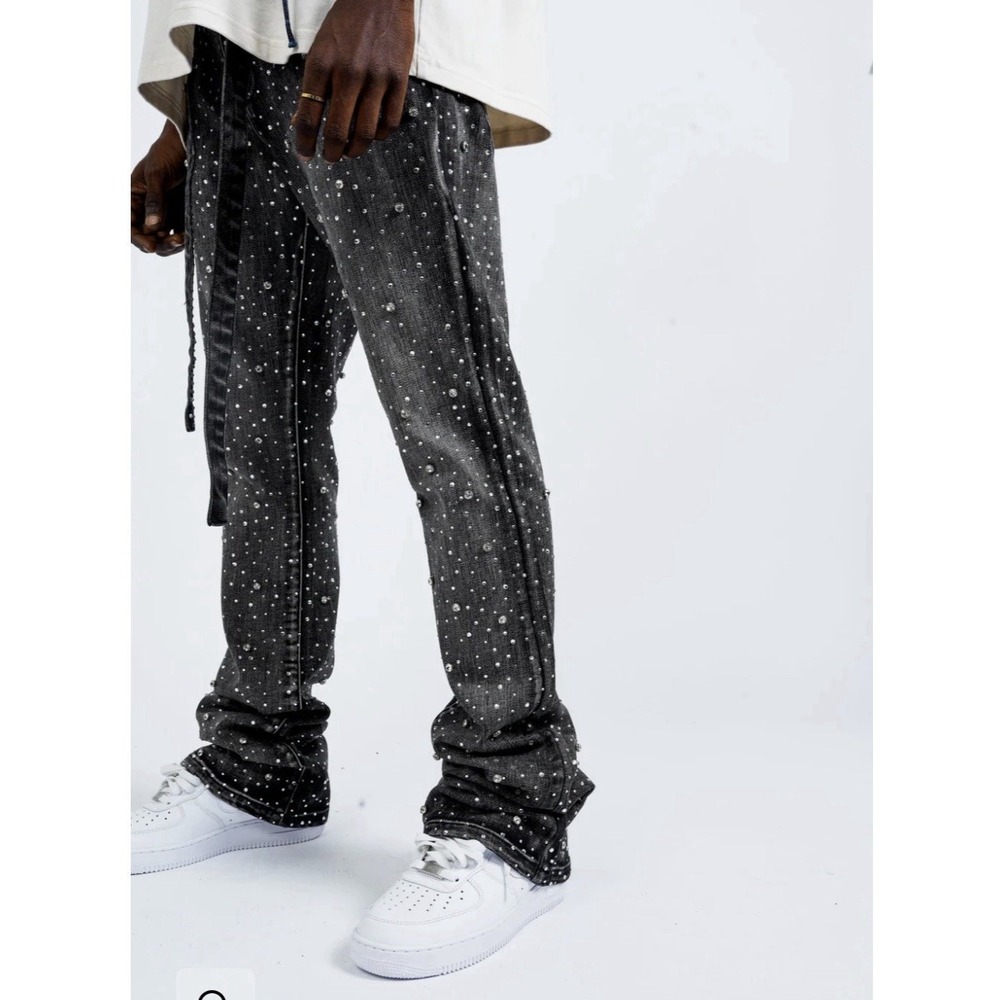NWT Paper Money Stargazer Flare Black Mens Jeans Size 30x34 Rhinestones Belted
